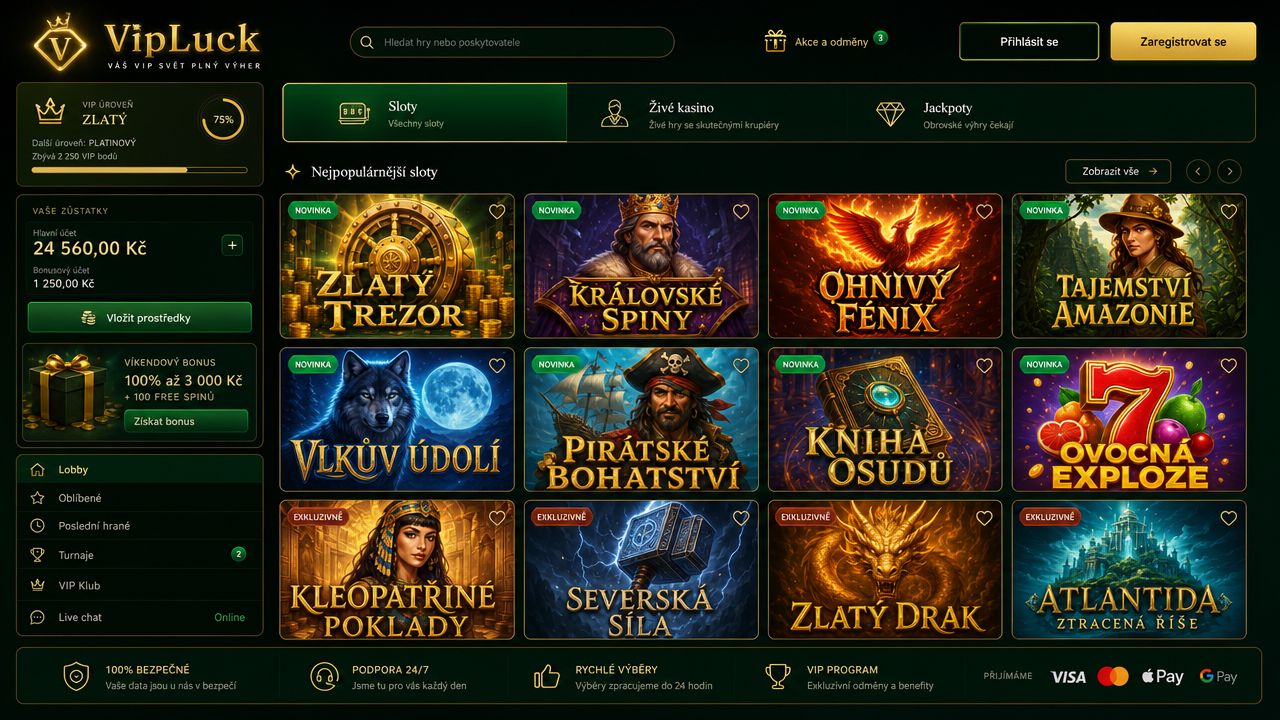 Snímek obrazovky kasina VIPLuck