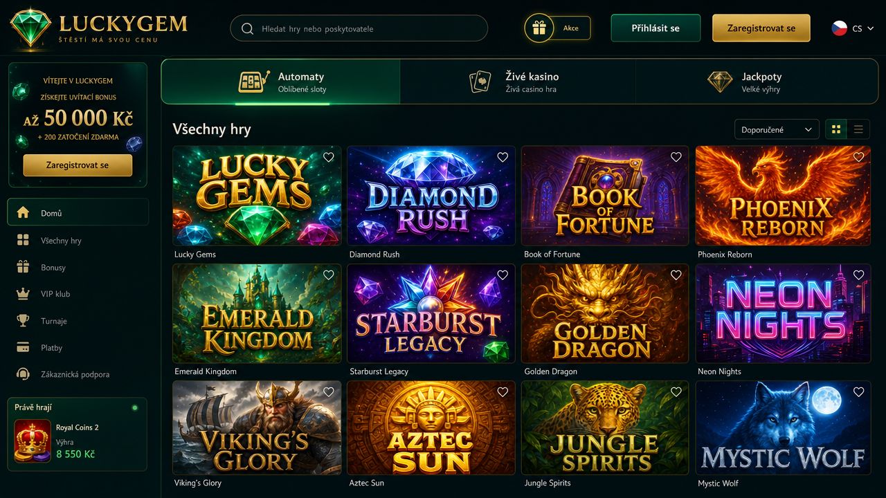 Ukázka webové stránky a herní nabídky online casina Luckygem