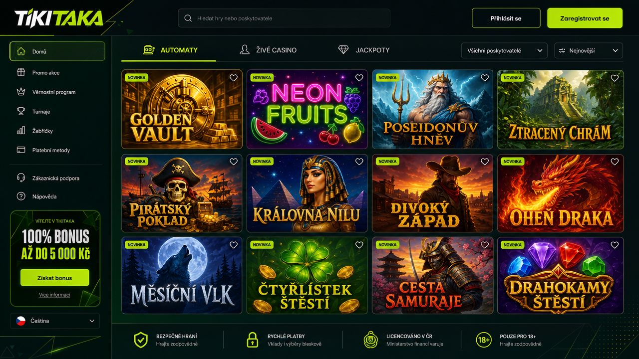 Náhled webové stránky online casina Tikitaka